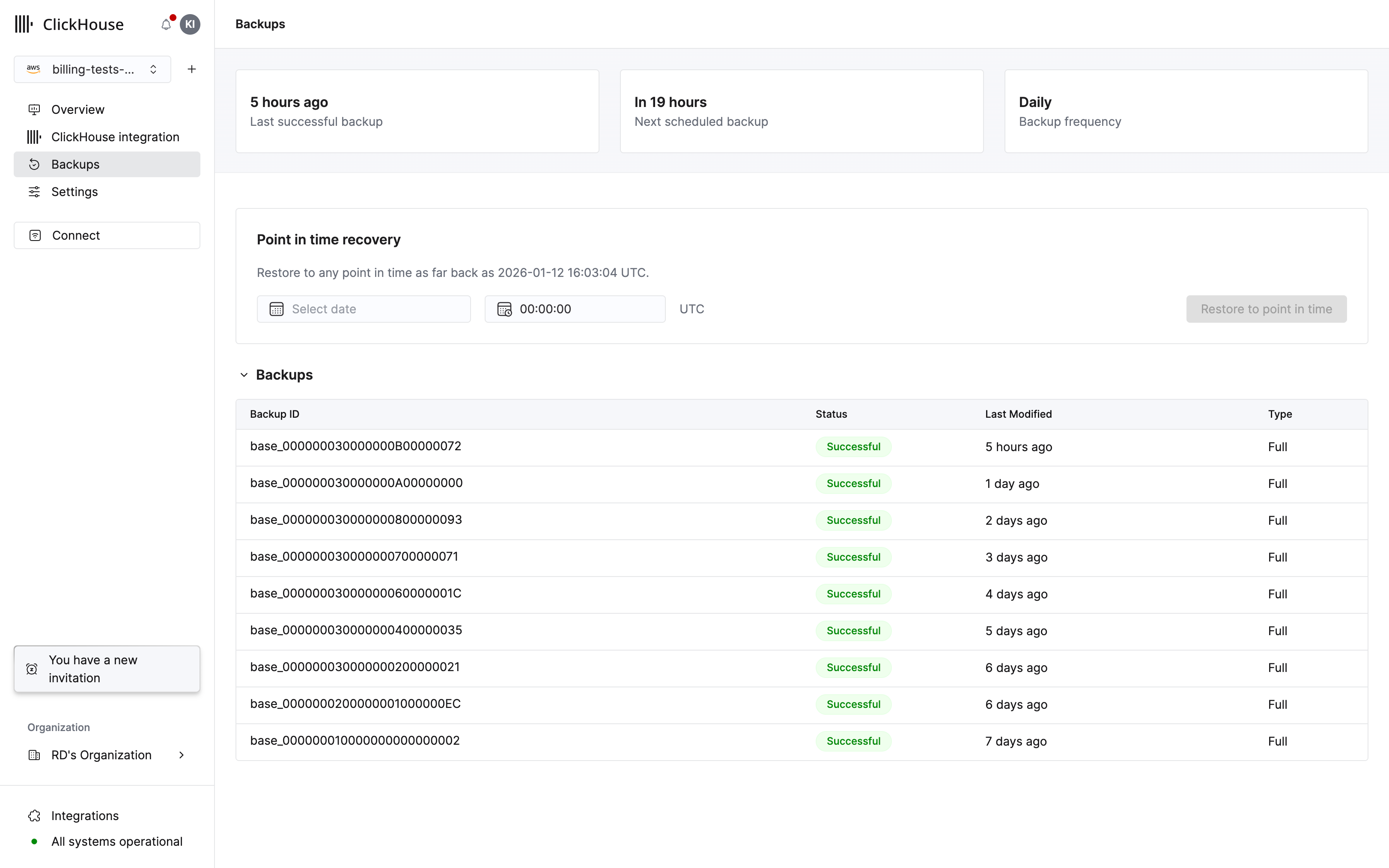 Backups view showing backup history and point-in-time recovery options