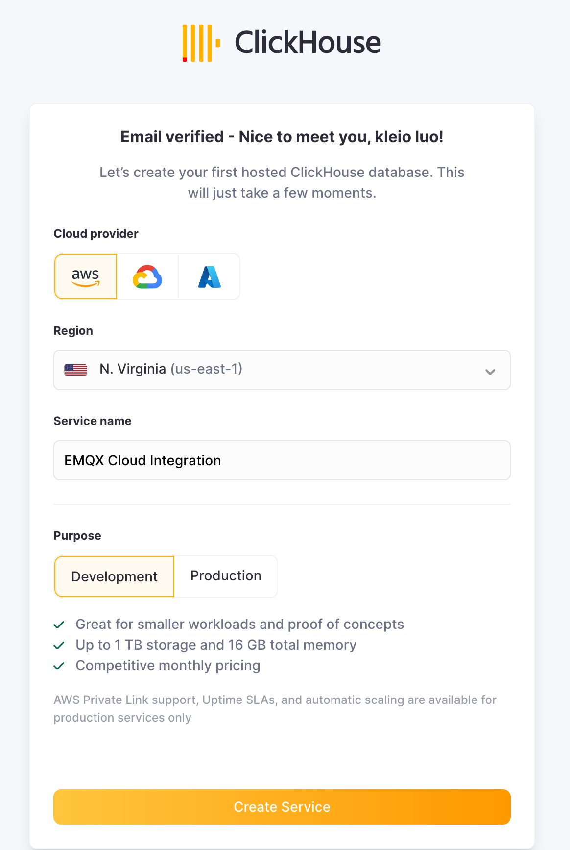 ClickHouse Cloud Service Deployment interface showing AWS region selection