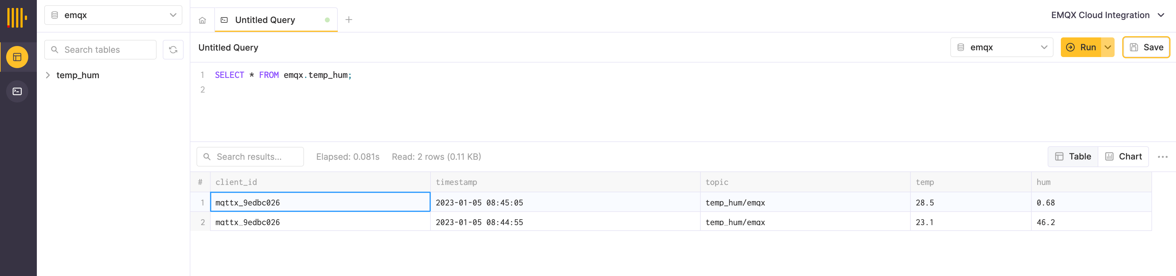 ClickHouse Query Results showing persisted IoT data