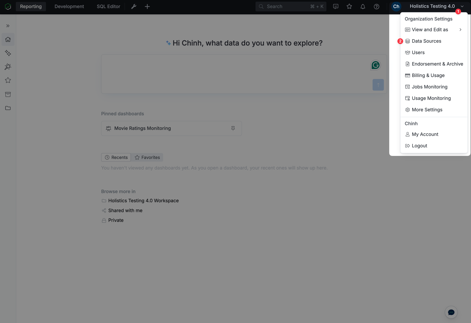 Navigating to Data Sources in Holistics settings