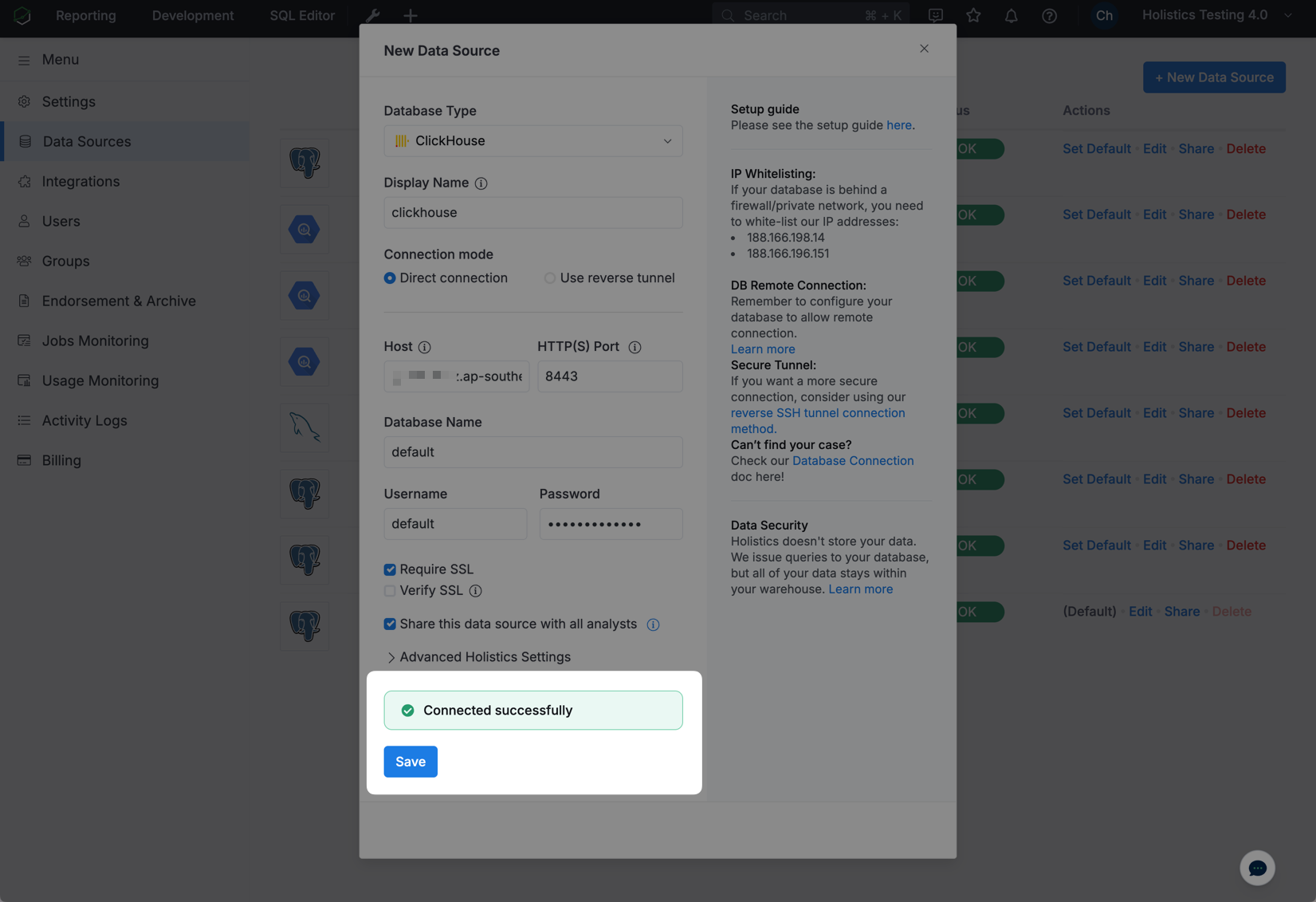 Successful ClickHouse connection test in Holistics