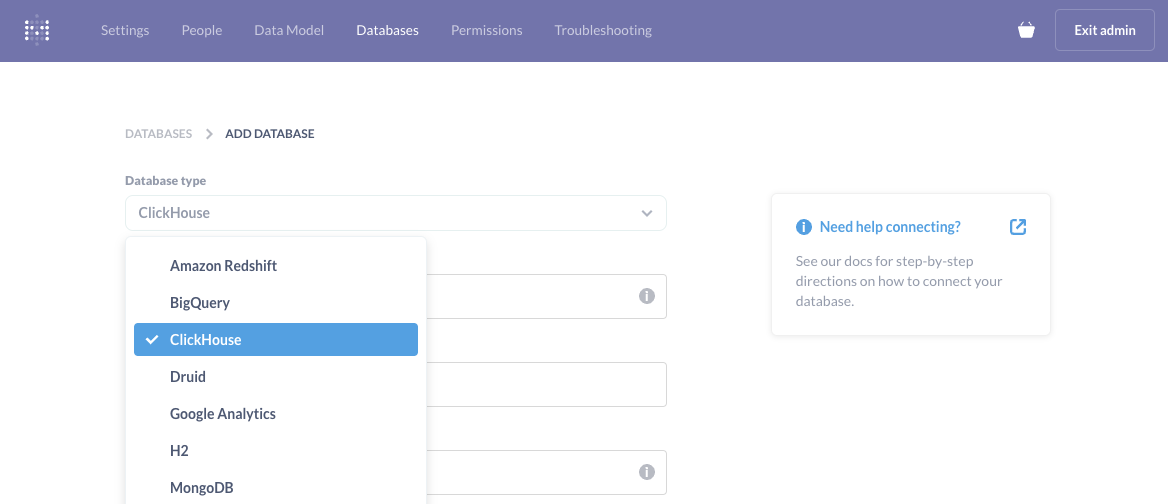 Metabase database selection showing ClickHouse as an option