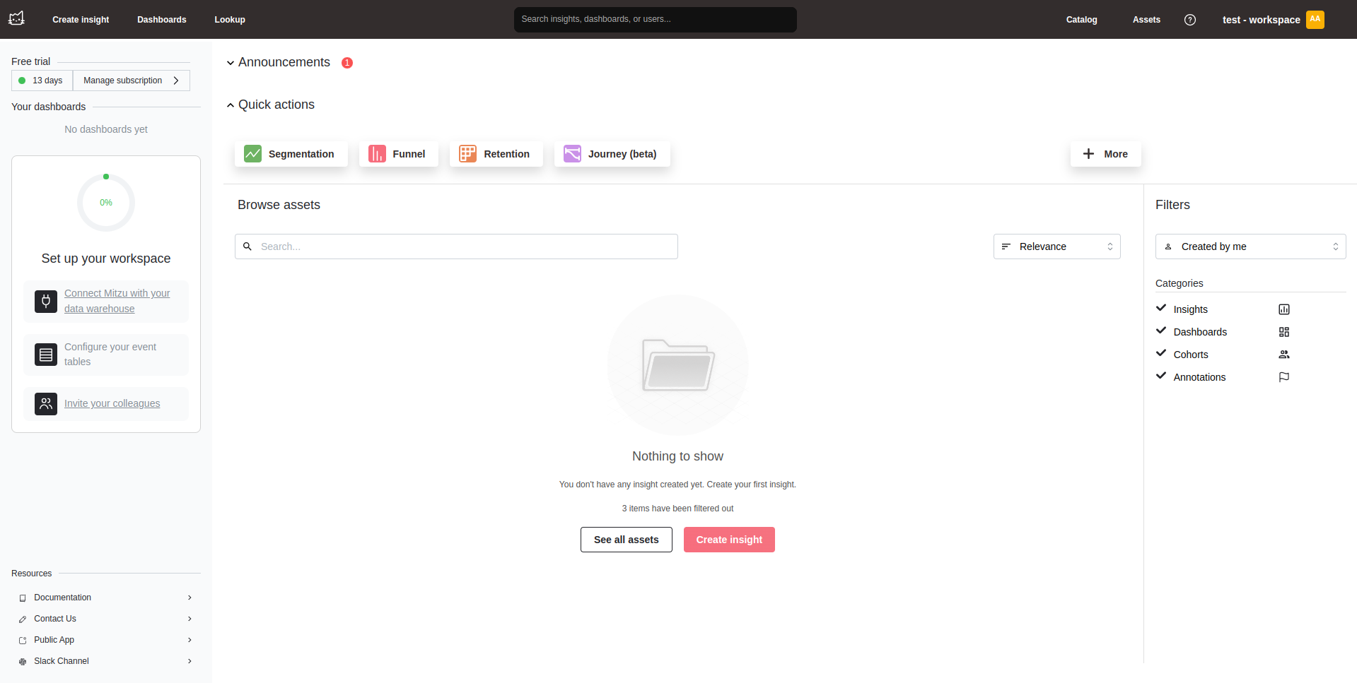 Mitzu workspace setup page showing onboarding steps