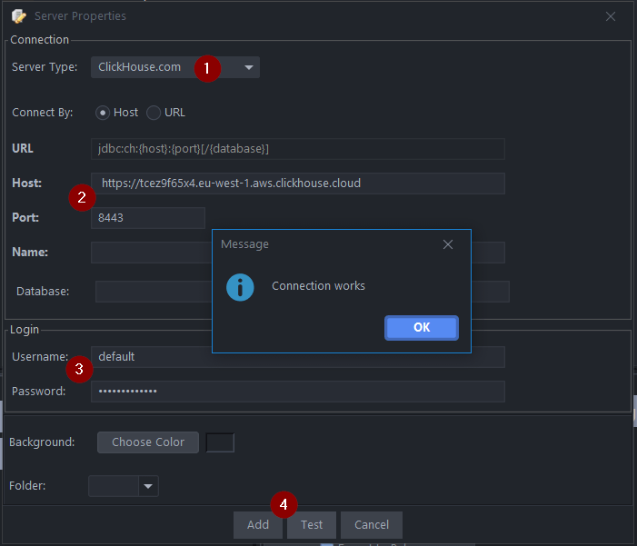 QStudio database connection configuration screen showing ClickHouse connection settings