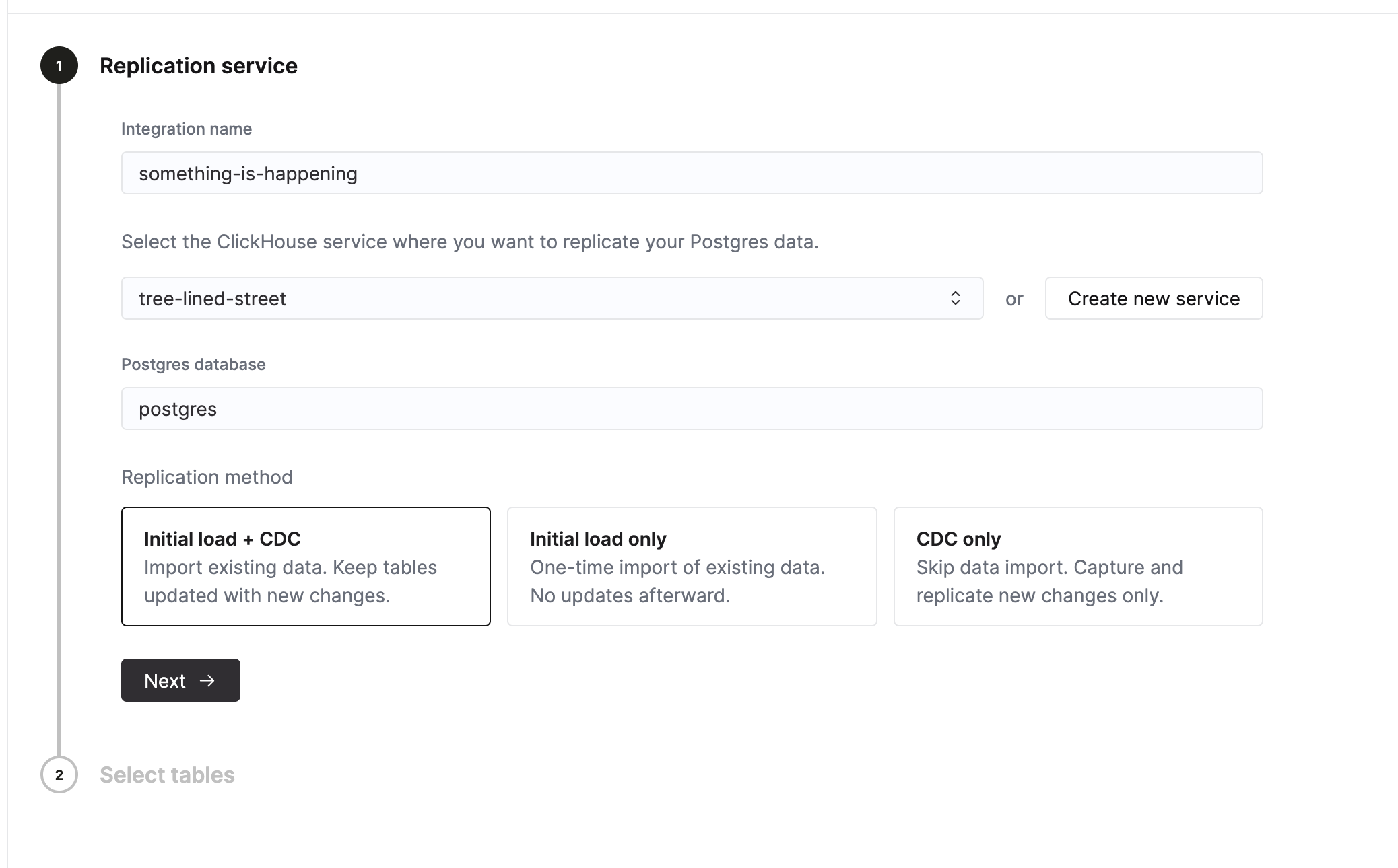 Replication service configuration showing integration name, destination service, and replication method options