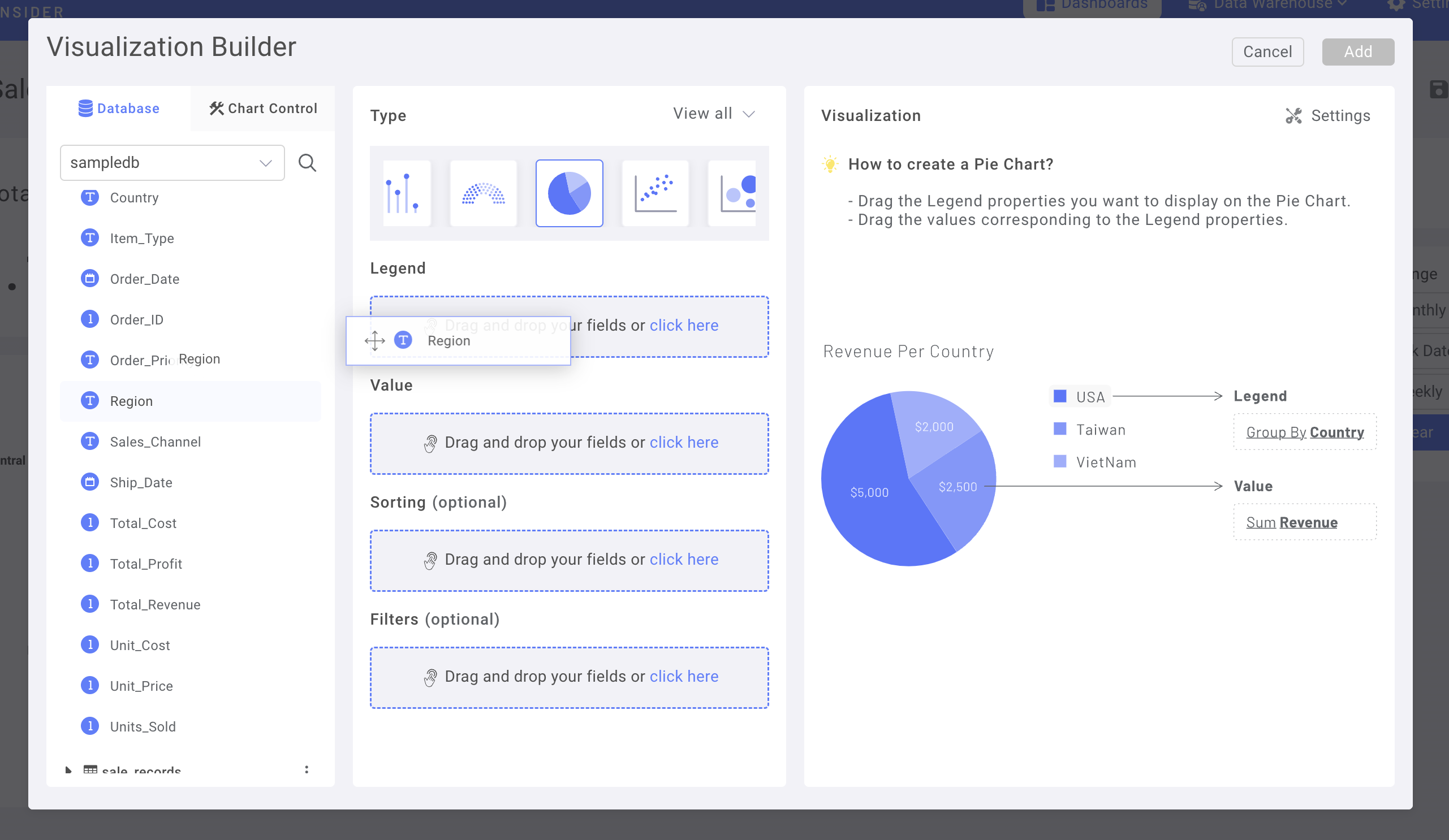 Drag and drop interface showing Region column being added to legend field
