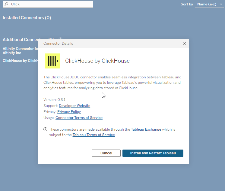 Tableau connector installation dialog showing ClickHouse JDBC connector details and install button