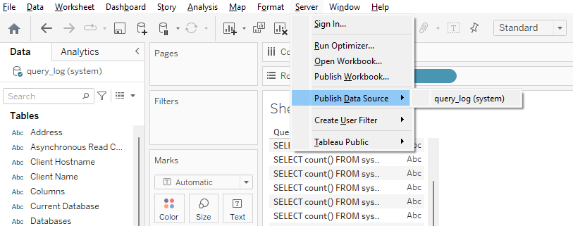 Tableau Desktop showing Server menu with Publish Data Source option highlighted